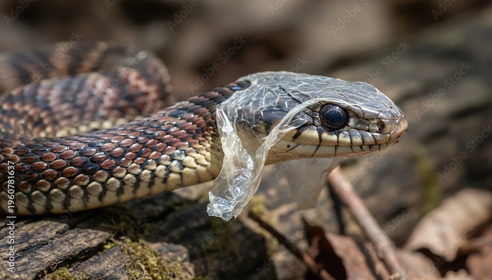 Fototapeta premium A snake struggles to free itself from a plastic bag wrapped around its head in a natural outdoor setting.
