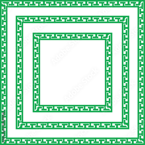 Intricate green geometric pattern with nested square frames and ornate borders