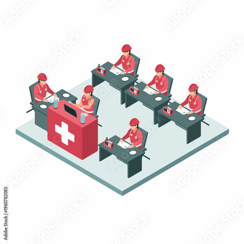 Isometric Medical Emergency Team Station Icon (Vector, Red & Blue, Clean Style)