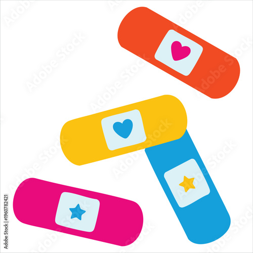 Vector Groovy Cartoon Vintage Band Aids with Smile Heart and Flower on Beige Background