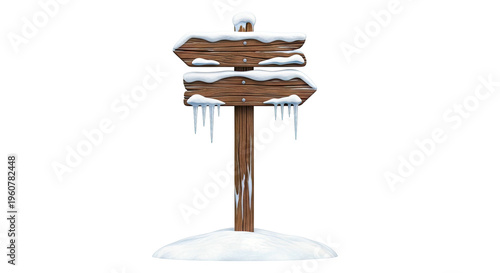 Wooden directional signpost with snow and icicles