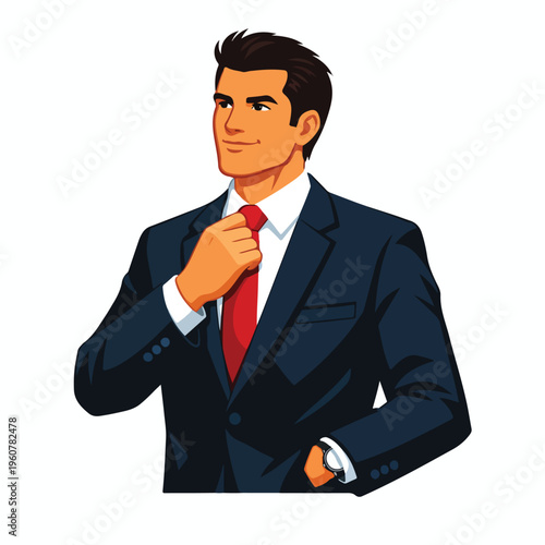 Confident man in suit adjusting tie, vector illustration