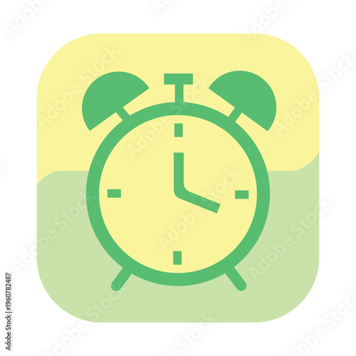 A green and yellow alarm clock icon on a with rounded corners