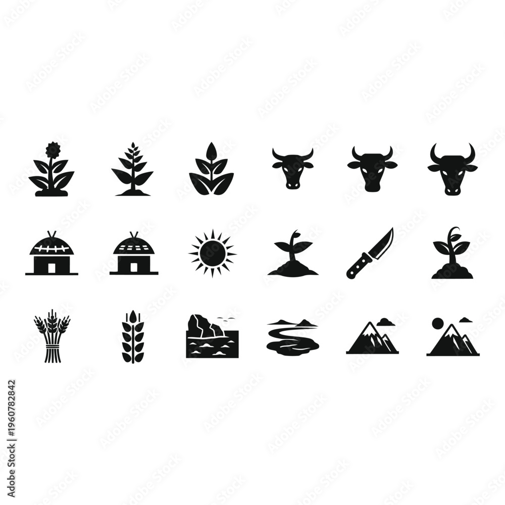 Fototapeta premium Collection of black vector icons depicting rural and natural elements on white background