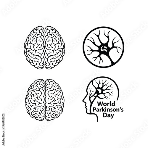 Black and white illustrations of brain and parkinsons awareness symbols isolated on white background