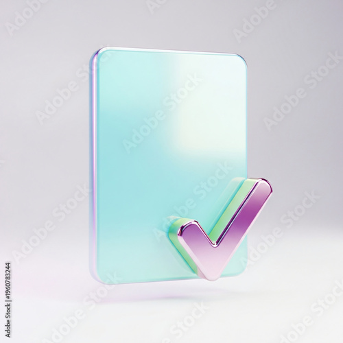 3D glowing checkmark icon on a vibrant holographic tablet screen.