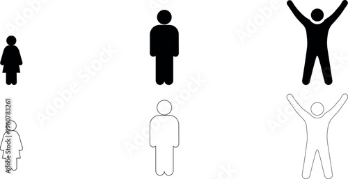 Human icon set in solid black silhouette and outline style vector representing different human figure postures isolated on transparent background