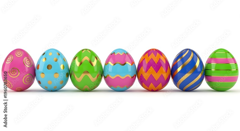 Fototapeta premium Vibrantly Decorated Easter Eggs in a Row Displaying Festive Patterns and Colors