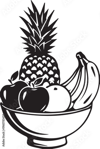 Fruit bowl silhouette containing pineapple bananas and apples representing variety of healthy tropical snacks
