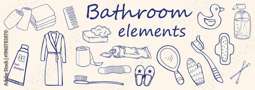 Hand drawn vector various Bathroom elements line art set .bath towel . Sketch Bathroom elements art  set .Bathroom  elements design . Vector illustration