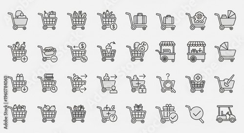 Collection of shopping cart icons in various styles and actions on white background for e commerce and retail use