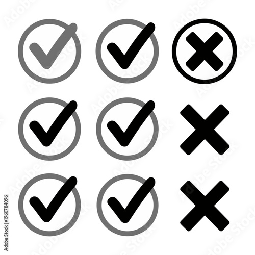 Collection of check and cross icons in a vector graphic design