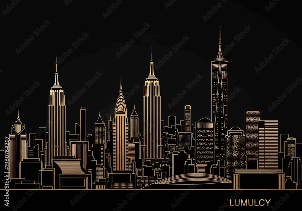Obraz premium Golden cityscape illustration depicts a luxury skyline at night with tall buildings.