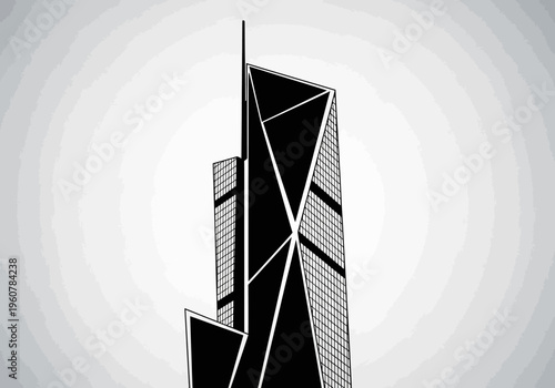 A modern skyscraper silhouette with sharp angles stands tall in a clean minimal vector environment.
