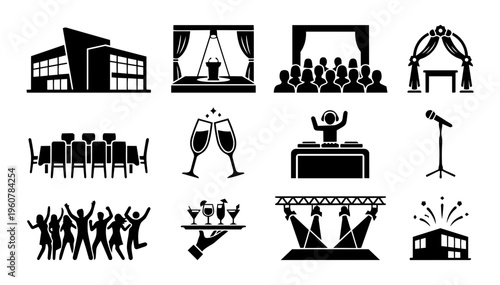 Event Venue Silhouette Icons Set – Event Hall, Wedding, Stage, Catering and Party Location Collection