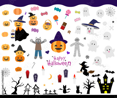 ハロウィンモチーフのイラストセット かぼちゃやおばけを詰め込んだかわいいフラットベクター素材