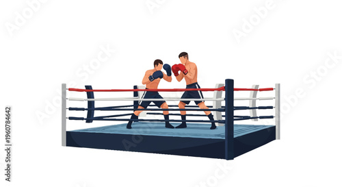 Illustration of two boxers engaged in a match within a boxing ring with line art design and a bold, graphic aesthetic.