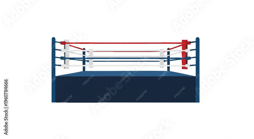 A minimalist line art design of a boxing ring with blue and red ropes on a white background, featuring a simple butterfly pattern.