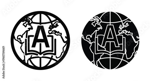 Global education and translation icon set, globe with open book and letter a symbol
