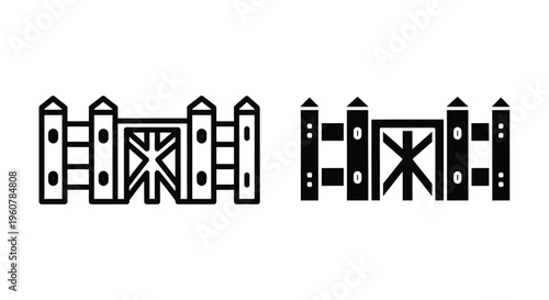 Farm fence with gate icon set, wooden barrier with cross bracing, ranch entrance symbol, vector illustration