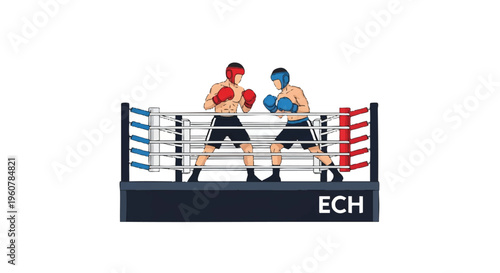 A minimalist line art design illustration of two boxers in a boxing ring with a butterfly-inspired aesthetic on a clean white background.