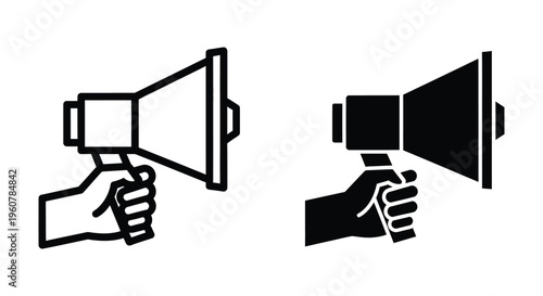 Hand holding megaphone icon, vector illustration of loudspeaker for announcement and communication