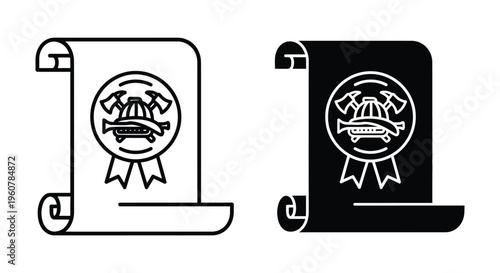 Firefighter certificate icon set, scroll with fire department emblem