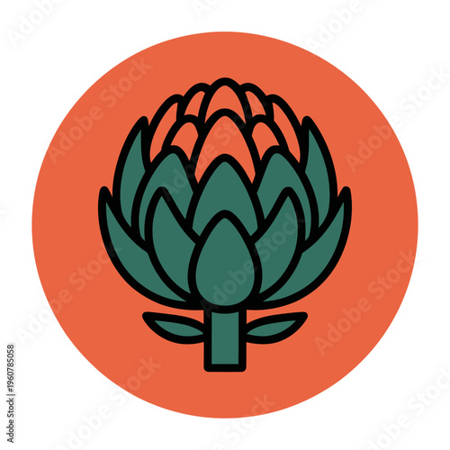 Stylized vector of a green artichoke on an orange circular background