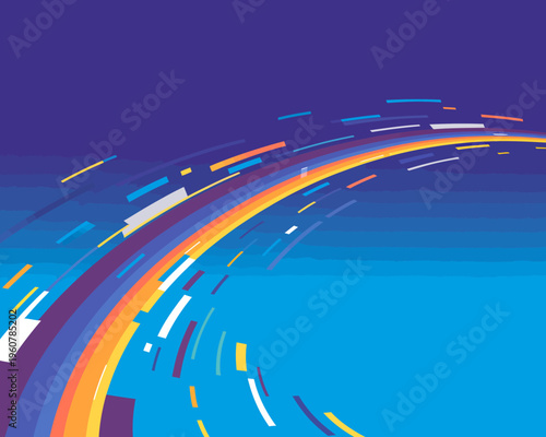 Abstract colorful curved lines and rectangles in motion on blue background