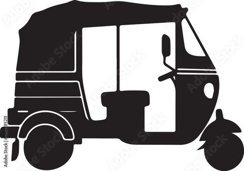 Black silhouette of traditional rickshaw on white background isolated three wheeled auto taxi transport icon