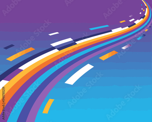 Abstract colorful curved lines and rectangles in motion on gradient background