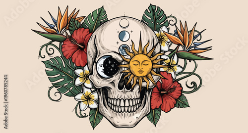 Intricate skull illustration with floral elements and celestial motifs