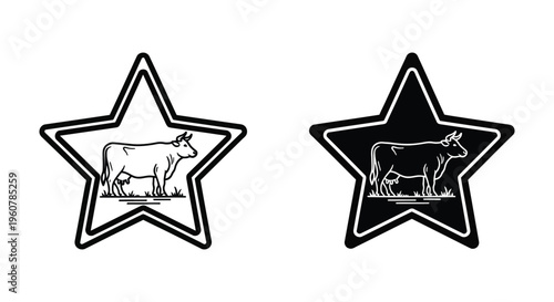 Set of two star shaped emblems with cow silhouette