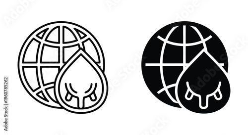 Global dairy production icon set, vector illustration of a globe with a cow udder inside a water drop shape
