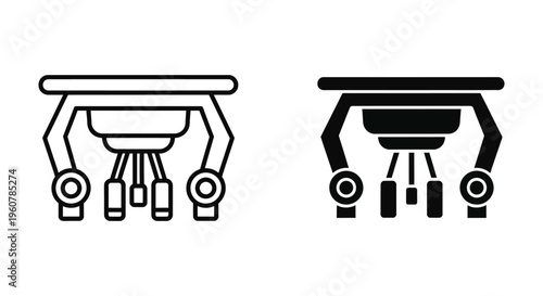 Industrial robotic arm icon, factory automation machine, mechanical gripper for manufacturing, vector illustration