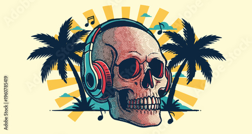Retro skull with headphones and palm trees in vibrant colors