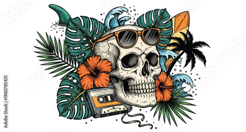 Vintage Skull with Sunglasses and Tropical Elements Illustration