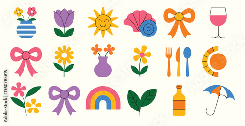 Set of flat featuring flowers in vases bows sun seashell wine glass cutlery rainbow umbrella and bottle in vibrant colors on a light cream background