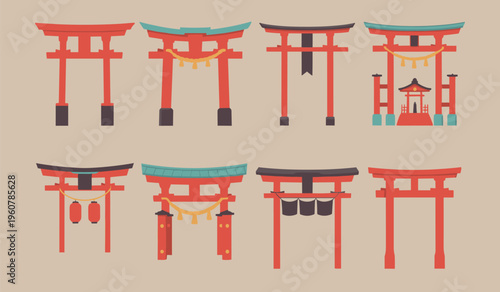 Set of eight flat japanese torii gates in red and teal colors with traditional shimenawa ropes lanterns and small shrine structures on a beige background