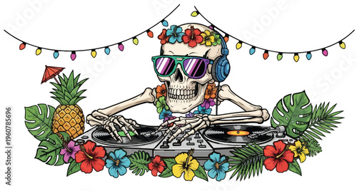 Colorful skeleton DJ with tropical theme and vibrant decorations