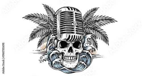 Vintage microphone with skull and palm tree illustration