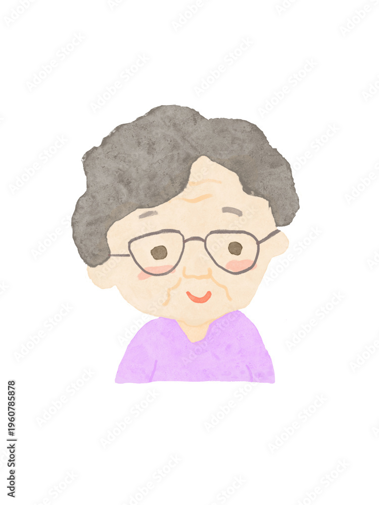 Fototapeta premium 白バックにラベンダー色の服を着た笑顔のおばあさんイラスト！