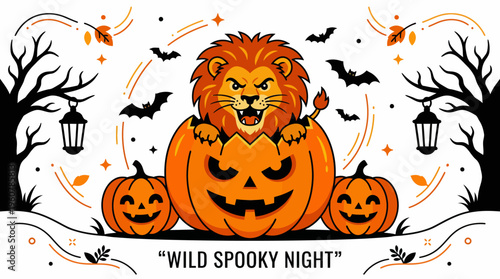 A delightful Halloween illustration with a cheerful green frog emerging from a vibrant orange carved pumpkin, flanked by spooky trees and glowing lanterns