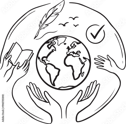 Black and white Earth with hands book feather birds vector illustration for unity education peace and care design