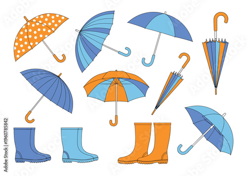 Collection of blue and orange umbrellas and rubber rain boots in a flat style with various open and closed parasols and footwear
