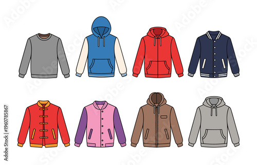 Set of eight casual jackets and sweatshirts including hoodies varsity jackets and pullovers in various colors and styles arranged in two rows on a white background
