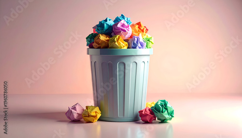 Waste bin overflowing with colorful crumpled paper balls against pink background