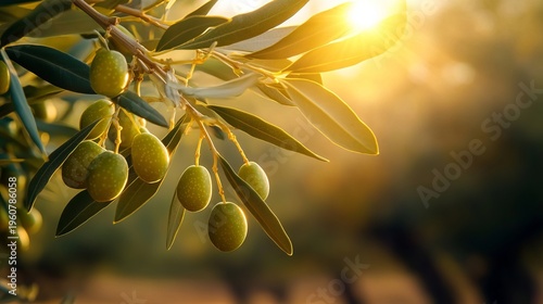 A Sun-Drenched Olive Grove with Abundant Green Olives Hanging from Branches Under Clear Blue Sky