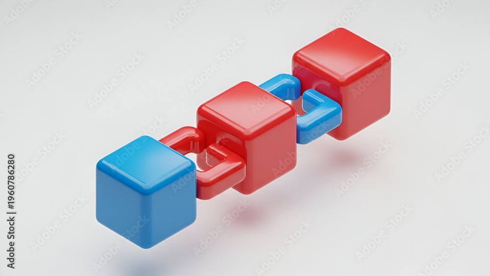 Fototapeta premium Red and blue cubes connected by links 3D render isometric view block chain