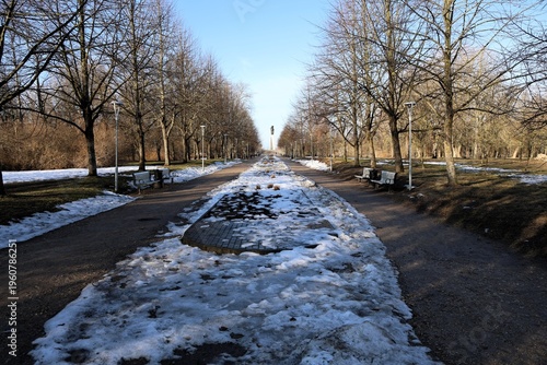 Symmetrical walkway lined with benches trees and snow patches in park